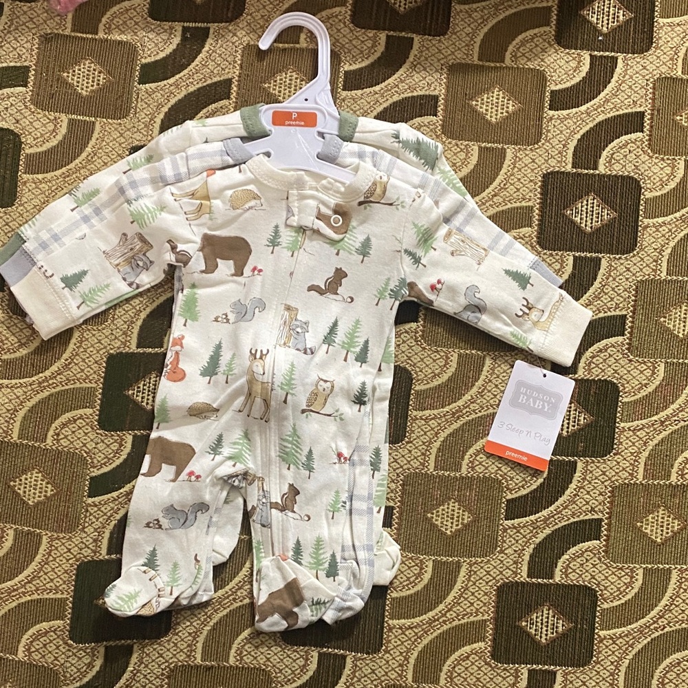 Hudson Baby 3-Pack Sleep ’N Play – Preemie – Forest Animals (New With Tags)